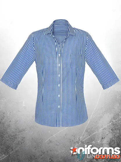 Blue and white checkered button-down shirt from KENNARDS Ladies Check 3Q Shirt, perfect fit for workwear or uniforms