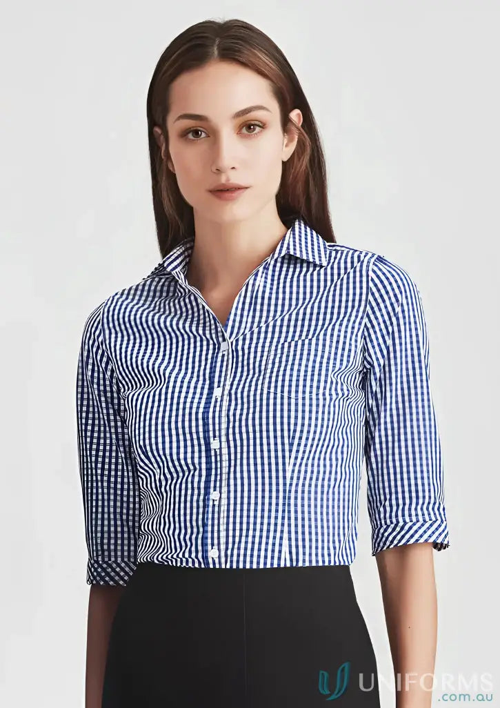 Blue and white striped button-down shirt from KENNARDS Ladies Check 3Q Shirt for perfect fit workwear