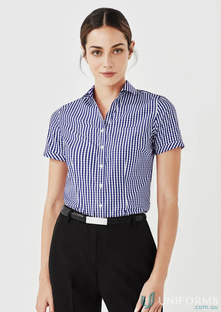 Blue and white checkered short-sleeved work uniform shirt from KENNARDS Ladies Check SS Shirt
