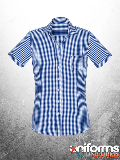 Blue and white checkered work uniforms short-sleeved shirt for women, KENNARDS Ladies Check SS Shirt