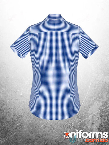 Blue and white checkered KENNARDS Ladies Check SS Shirt, perfect for work uniforms