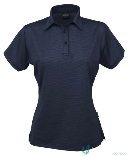Navy blue striped polo shirt made from high performance fabric polyester for ladies