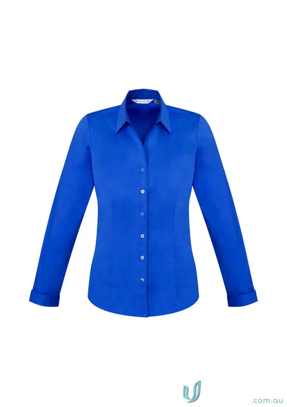 Blue long-sleeved KENNARDS Ladies Stretch LS Shirt with convenient chest pocket and shape retention