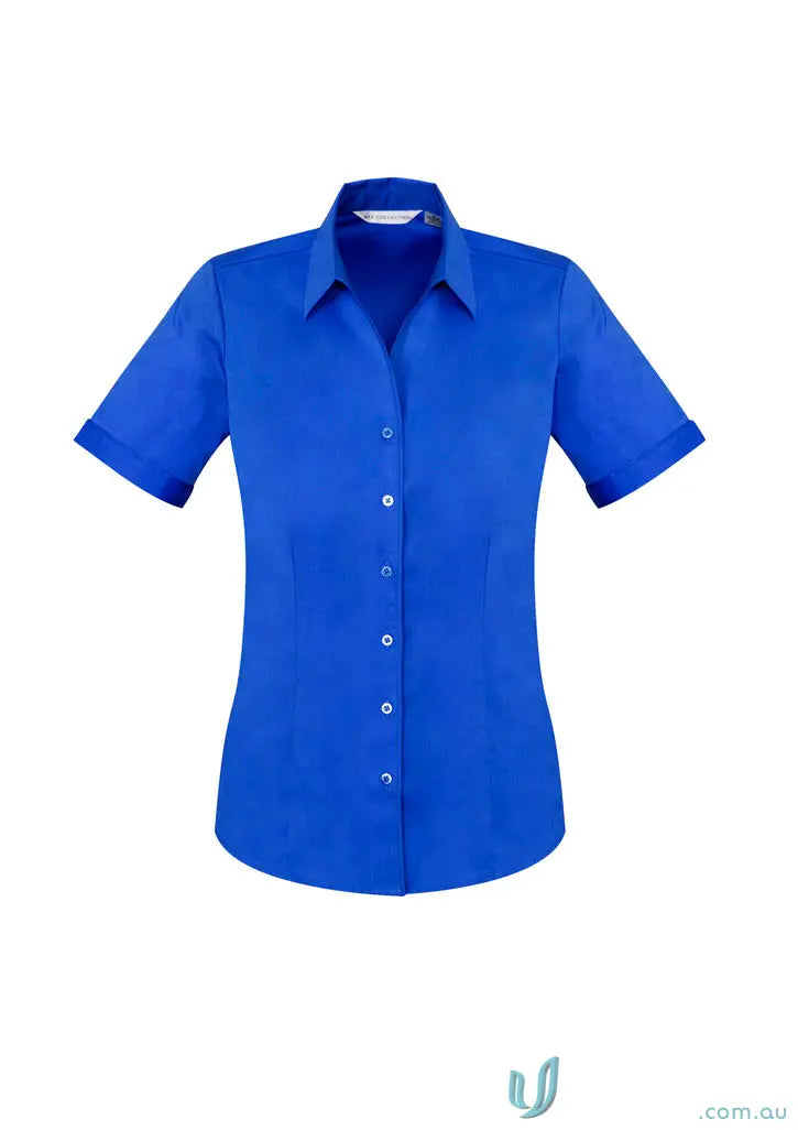 Blue short-sleeved button-down shirt perfect for KENNARDS Ladies work uniforms or workwear