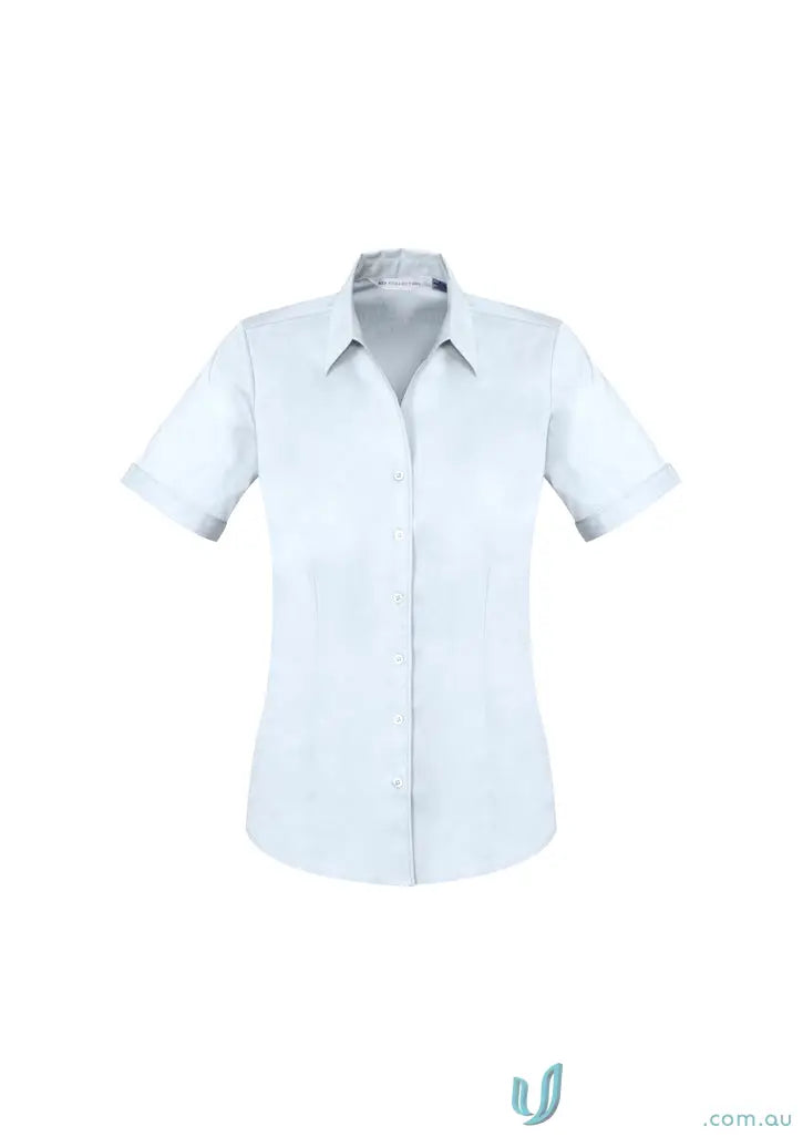 Light blue short-sleeved button-down shirt perfect for KENNARDS Ladies work uniforms or workwear