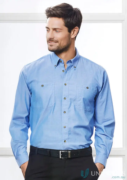 Man wearing KENNARDS Mens Chambray LS Shirt ideal for workwear or uniforms