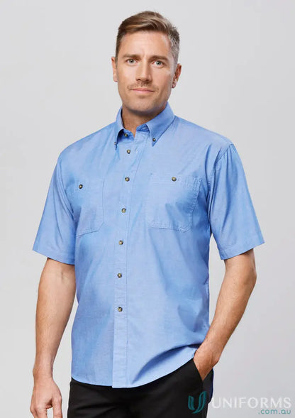 Light blue men’s chambray shirt perfect for work or uniforms at KENNARDS