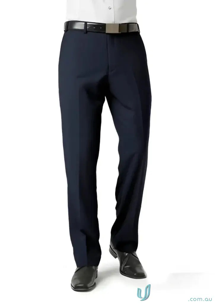 Navy blue mens flat front pant with black belt, perfect fit for uniforms and measurements