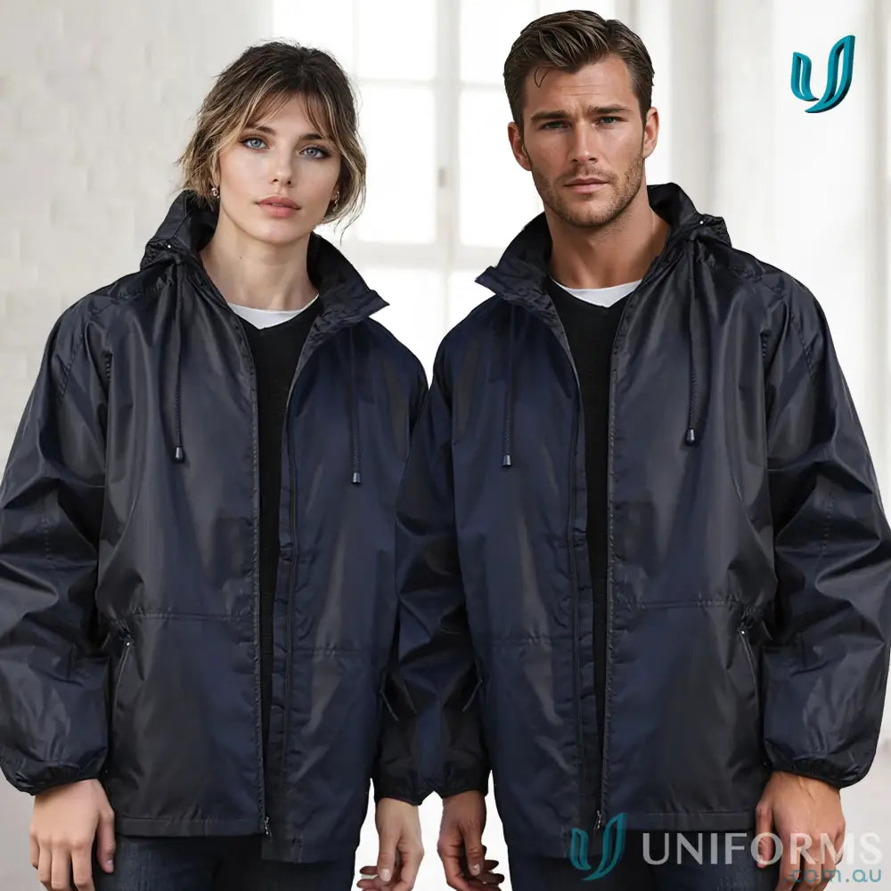 Two people showing off KENNARDS Unisex Spinnaker Jacket in navy blue with zippered hoods