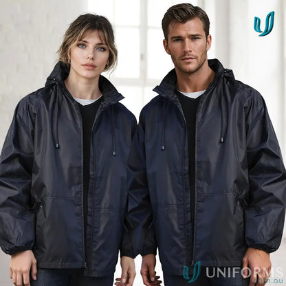 Two people showing off KENNARDS Unisex Spinnaker Jacket in navy blue with zippered hoods