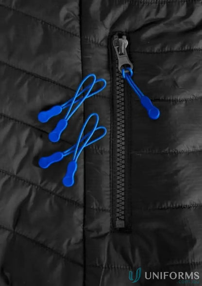 Black quilted jacket with blue zipper pulls from KENNARDS Zippies workwear collection