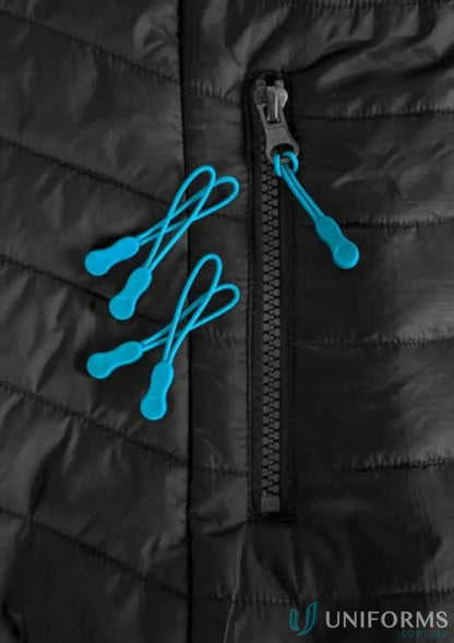 Black quilted Zippies workwear jacket with blue zipper pulls for uniforms and style