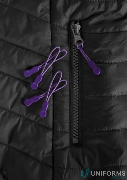 KENNARDS Zippies black quilted workwear jacket with purple zipper pulls for uniforms