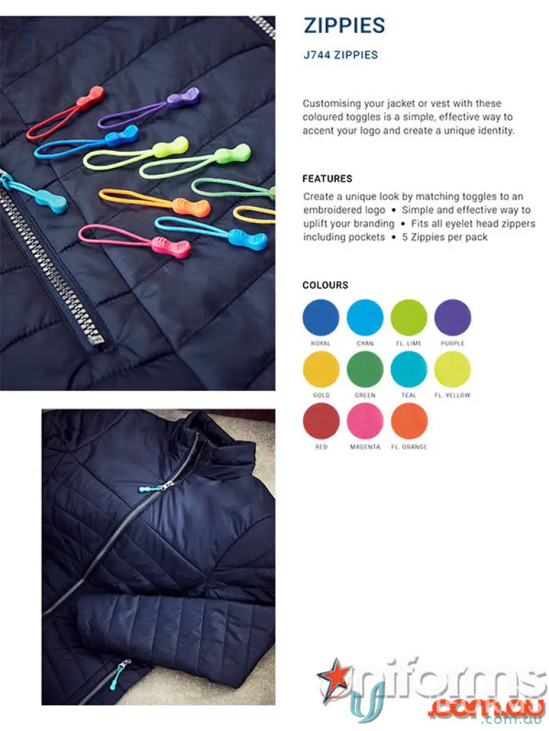 Colorful Zippies zipper toggles for jackets, perfect for uniforms and workwear