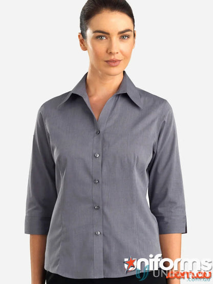 Gray collared chambray shirt with open neck design, perfect for all-day comfort