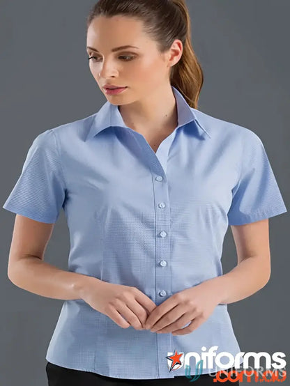 Light blue women’s short sleeve multi check shirt from 355-jk Keval women’s collection