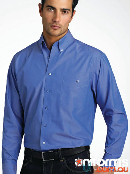 Man modeling Keval Men’s Long Keval LS Chambray Shirt Style 264-JK with dark jeans