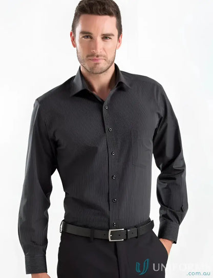 Men’s dark grey long sleeve dress shirt with vertical stripes, style 236-jk Keval charcoal