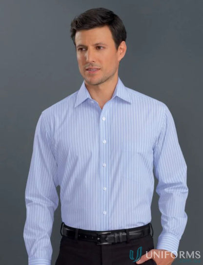 Keval Mens LS Pinfeather Stripe Shirt in light blue with white stripes for all-day comfort