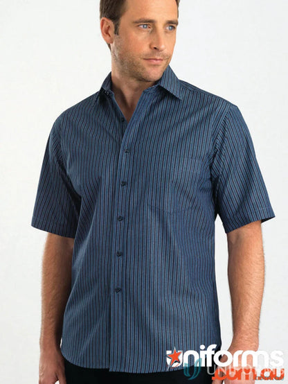 Men’s navy blue pinstripe short sleeve bold stripe shirt from 443-jk Keval Men’s collection