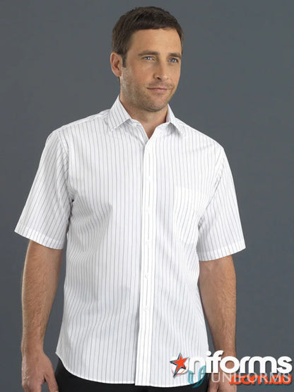 Men’s short sleeve white classic stripe shirt with thin black lines, style 209-jk Keval