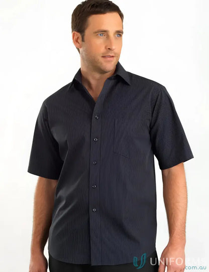 Keval Mens SS Dark Stripe Shirt in 237-JK Charcoal, men’s dark gray stripe shirt with chest pocket