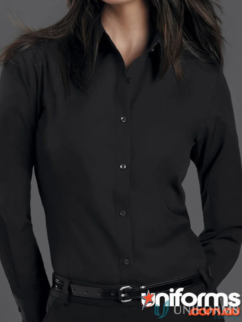 Keval Poplin Ladies LS Shirt with long sleeve, semi-tailored fit and black belt