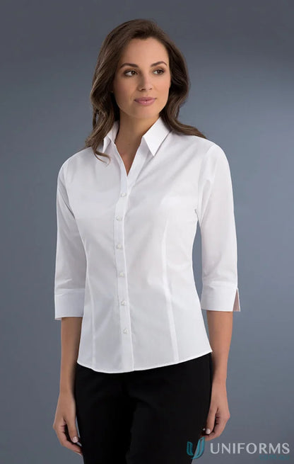 Woman modeling Keval Poplin Ladies Slim Fit 3Q Shirt showcasing Keval style and 700-jk shirt look