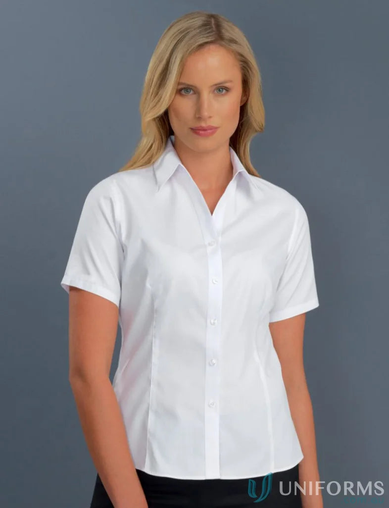 Woman modeling Keval Poplin Ladies SS Shirt in short sleeve poplin with open neck fit