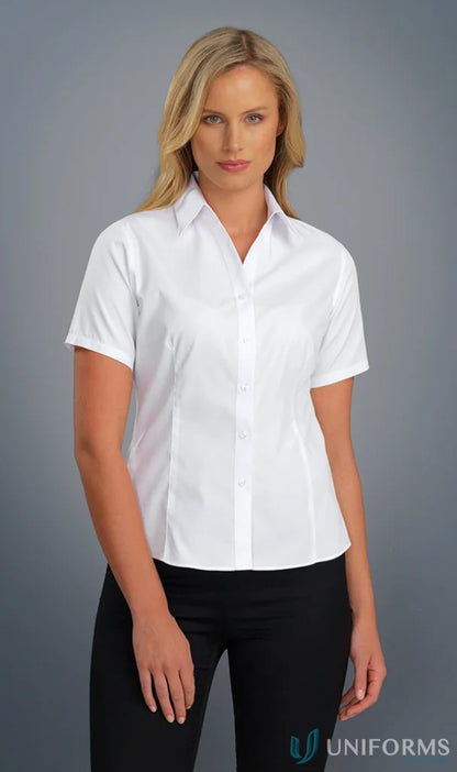 Woman modeling Keval Poplin Ladies SS Shirt in short sleeve poplin with semi-tailored fit