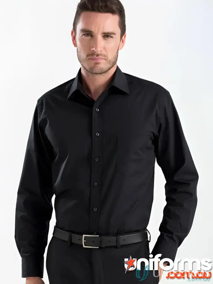 Man wearing Keval Long Sleeve Poplin Shirt with single chest pocket and black trousers