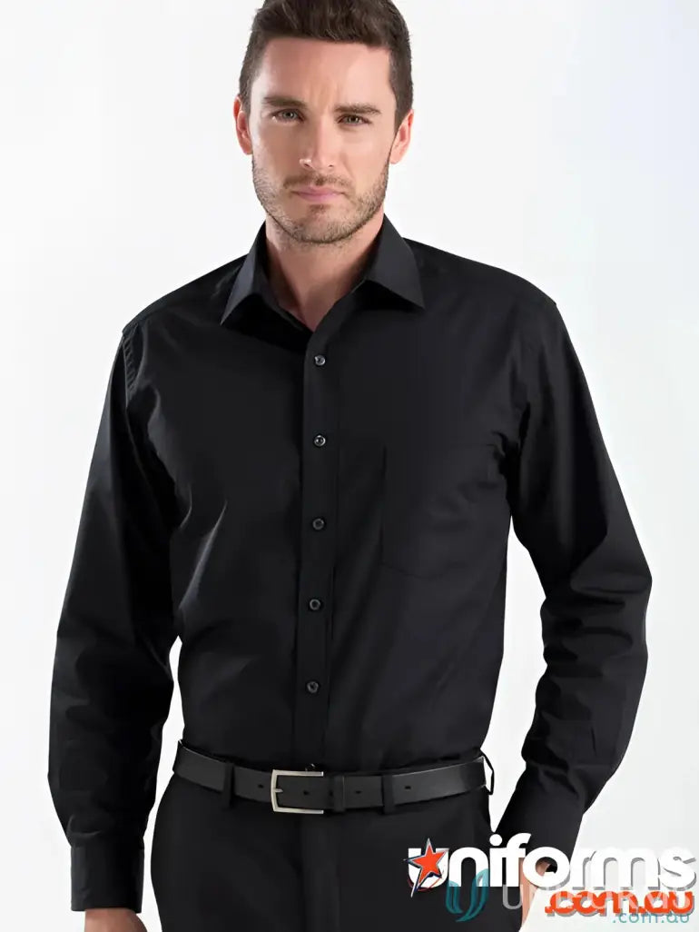Man wearing Keval Long Sleeve Poplin Shirt with single chest pocket and black trousers