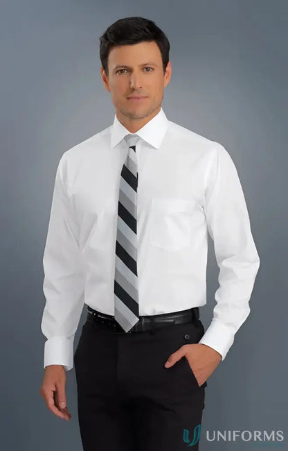 Man modeling Keval Long Sleeve Poplin Shirt with single chest pocket and striped tie