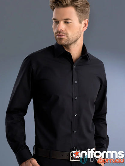 Man wearing Keval Slim Fit LS Shirt in black poplin fabric with black belt