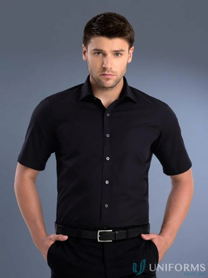 Man in a black Keval Men’s slim fit short sleeve dress shirt, 801-jk Keval men’s