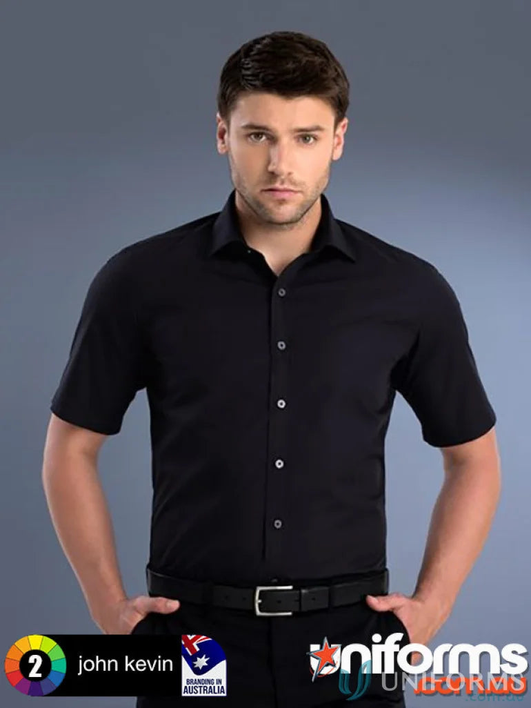 Black short-sleeved button-down shirt from 801-jk Keval men’s slim fit SS collection