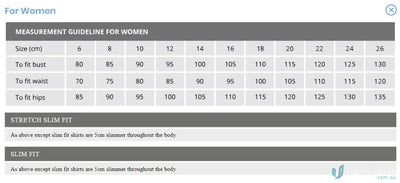 Size chart for Keval Slim Fit 3Qtr Dark Stripe shirt with bust, waist, hip in cm