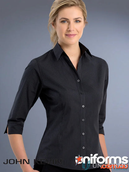 Women’s charcoal grey pinstripe Keval Slim Fit 3Qtr Dark Stripe shirt open neck style