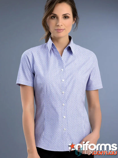 Woman wearing Keval Slim Fit 3Qtr Dobby Stripe open neck shirt in blue and white