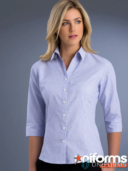 Keval Slim Fit 3Qtr Dobby Stripe shirt with open neck and light blue white pinstripes