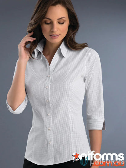 Women’s slim fit striped sleeve mini check shirt from Keval with open neck style