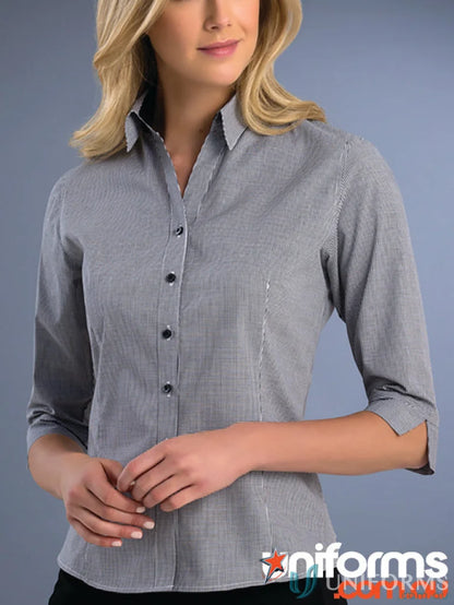 772-jk Keval women’s small check shirt with grey and white pinstripes and 3/4 sleeves