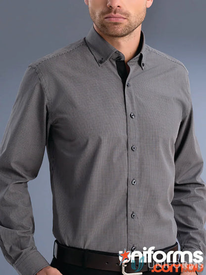 Dark grey Keval Slim Fit LS Small Check shirt with subtle stripe pattern for men
