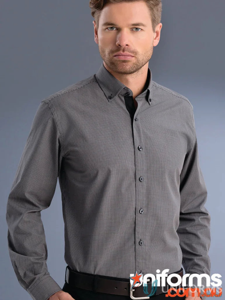 Man modeling 874-jk Keval small check shirt in slim fit long-sleeve style