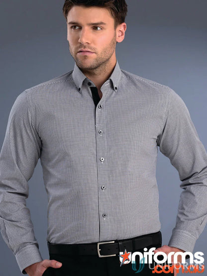 Keval Men’s Slim Fit LS Small Check shirt in light gray with black collar details
