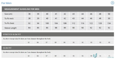 Men’s slim fit dark stripe shirt size chart with measurements for Keval 837-jk