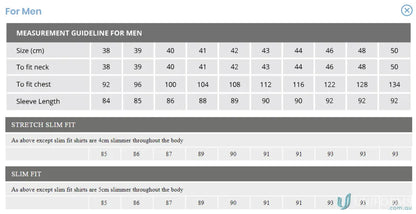 Men’s slim fit dark stripe shirt size chart with measurements for Keval 837-jk