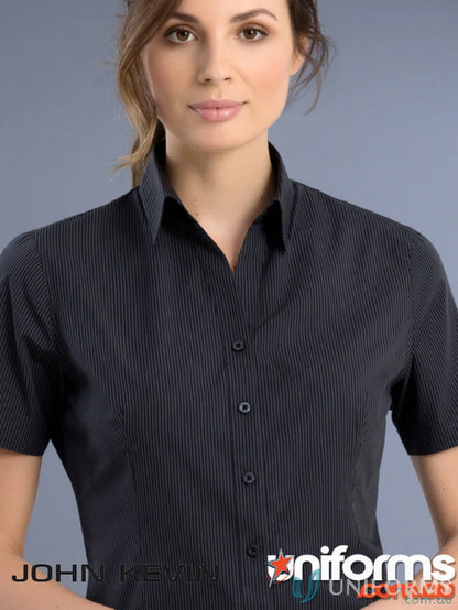 Woman modeling 737-jk Keval slim fit short sleeve shirt with white stripes