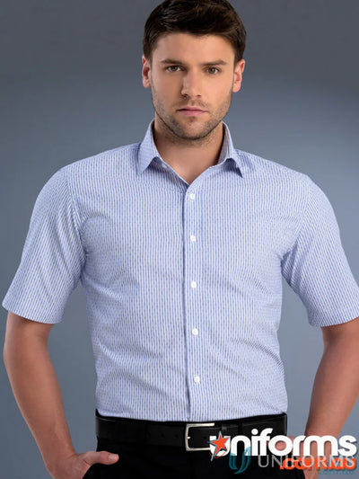 Light blue and white striped Keval Slim Fit SS Dobby Stripe men’s shirt