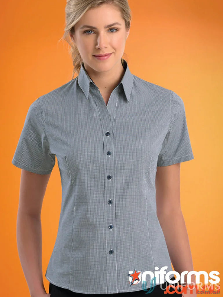 Women’s slim fit stretch micro check button-down shirt from Keval Slim Fit SS line